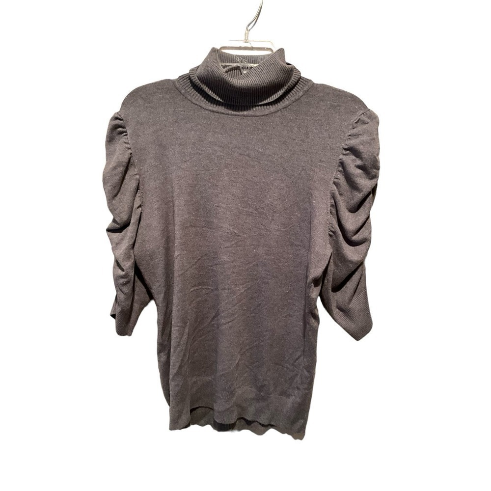 Evie‎ Top Women's Large Gray Rayon Stretch Turtleneck Ruched Sleeves Pullover